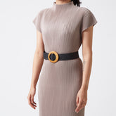 Black elastic rattan wood buckle belt